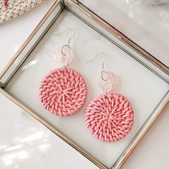 925 Sterling Silver Rose Quartz Pink Rattan Earrings, 2 of 5