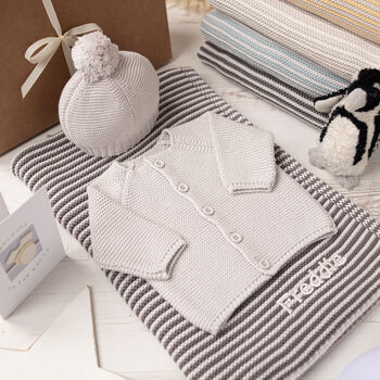 Baby Cosy Cardigan And Charcoal Mini Stripe Blanket Set, 5 of 10