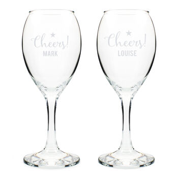 Personalised 'Cheers' Engraved Wine Glass Pair, 4 of 6