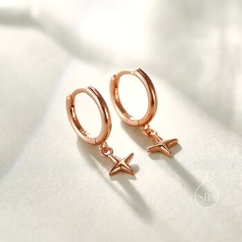Sterling Silver Tiny Four Point Star Huggie Hoop Earrings, 3 of 11
