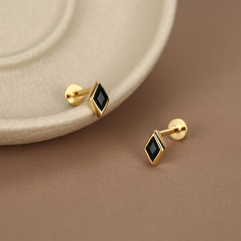 Sterling Silver Black Cz Rhombus 16 G Flat Back Labret Earrings, 6 of 11