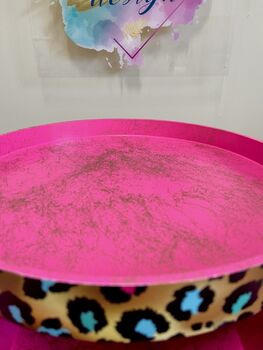 Pink Leopard Print Round Wooden Side Table With Drawer, 3 of 10