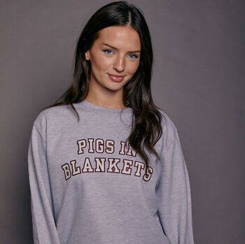 Pigs In Blankets Slogan Varsity Christmas Sweatshirt, 6 of 8
