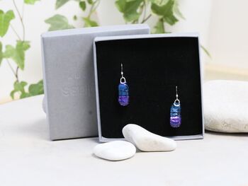 Dichroic Glass Drop Earrings In Blue And Purple, 2 of 4