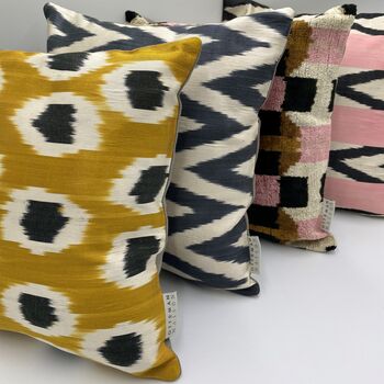 Square Ikat Silk Cushion Gold And Black Spot, 6 of 7