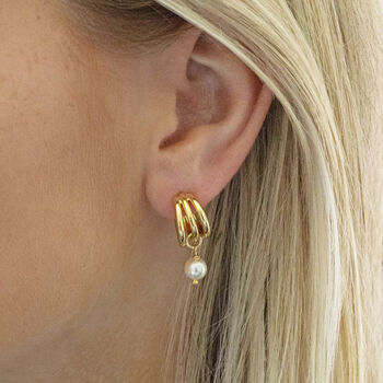 Gold Plated Triple Hoop Pearl Earrings, 5 of 5