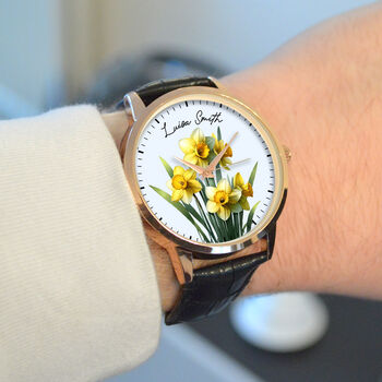 Personalised Wrist Watch With Floral Daffodil Design, 2 of 3