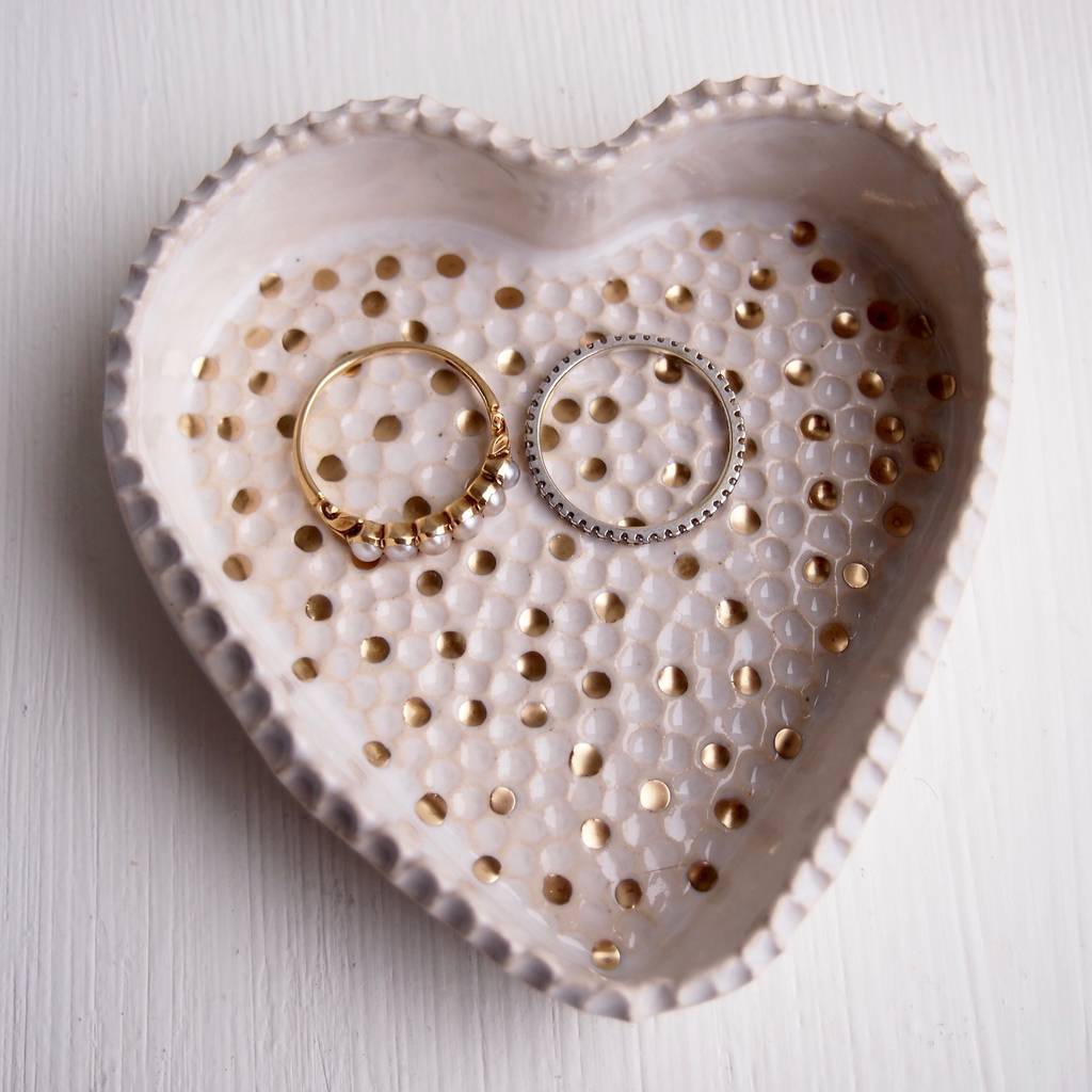 handmade white ceramic pottery heart ring dish by