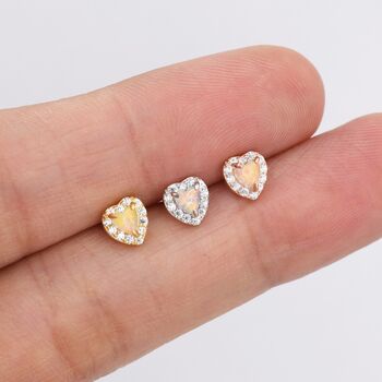 Sterling Silver Tiny Opal Heart With Cz Stud Earrings, 2 of 11