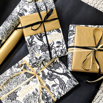 Christmas Botanical Luxe Gift Wrap Black Gold And Ivory, 5 of 12