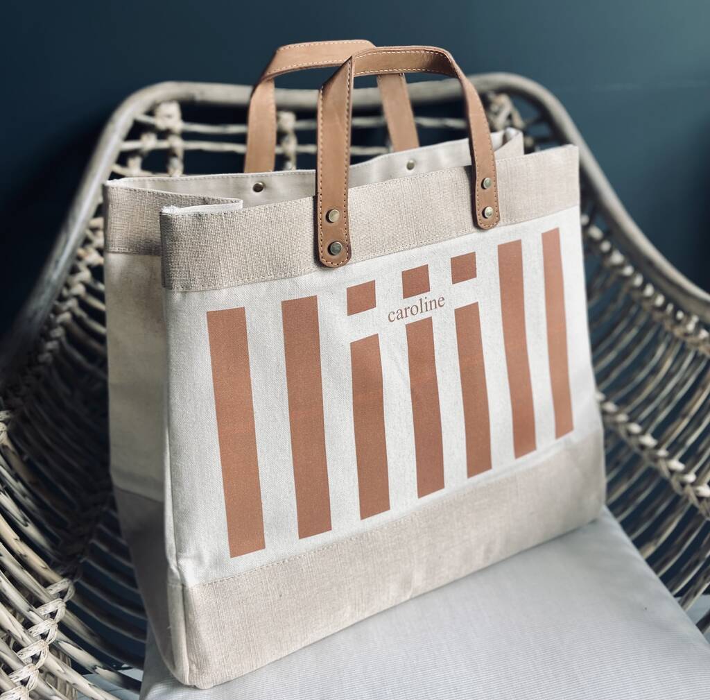 Personalised Striped Canvas And Tan Shopper