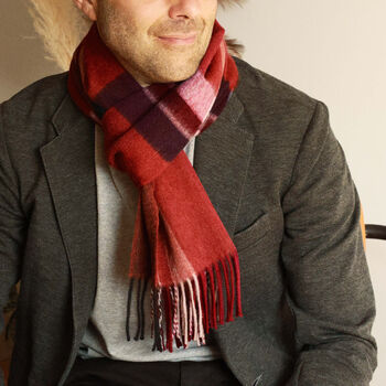 Men's Red Check Wool And Cashmere Blend Scarf, 7 of 12