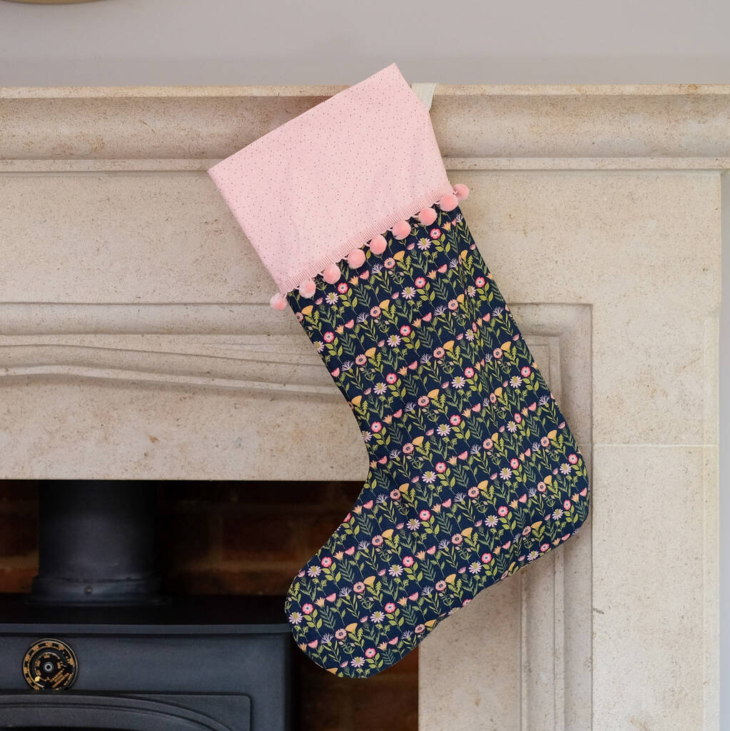 Pink And Navy Floral Print Christmas Stocking, 1 of 8