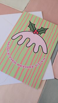 Mince Pies Before Guys Christmas Card – Green And Pink – Blank Inside, 3 of 4
