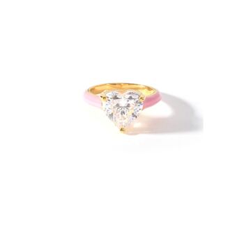 Gold Plated Cz Heart Pink Enamel Ring, 2 of 5