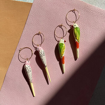 Handmade Pink / White Wooden Parrot Hoop Earrings, 3 of 6