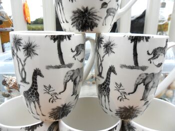 Set Of Six China Aspen Mugs In Black Safari Design, 4 of 12