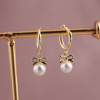 Sterling Silver Pearl Hoop Earring With Bow Design, 4 of 8