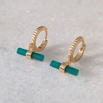 The T Bar Green Onyx Hoop Earrings, Gold Plated, 6 of 7