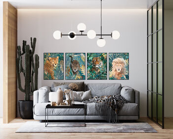 Jaguar Leopard Gold Green Jungle Leaves Wall Art Print, 4 of 5
