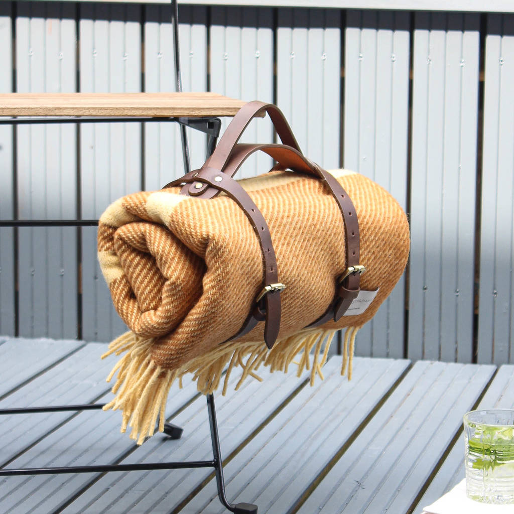 mustard stripe wool picnic blanket leather straps by marquis & dawe