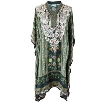 Bohemian Floral Border Viscose Kaftan In Green With Heavy Cream Fishbone Embroidery, 4 of 4