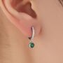 Tiny Emerald Green Cz Dangle Huggie Hoop In Sterling Silver, thumbnail 1 of 11