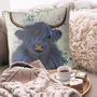 Highland Cow In Blue Decorative Cushion, thumbnail 3 of 3