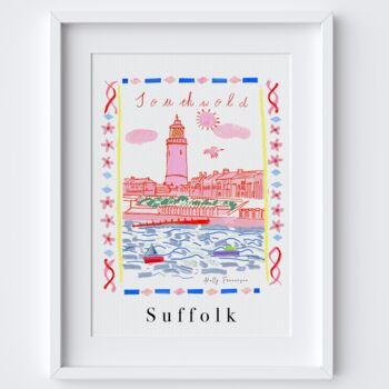 Southwold, Suffolk Coast Scene Patterned Landscapes: Heritage Pink Edition Print, 2 of 2