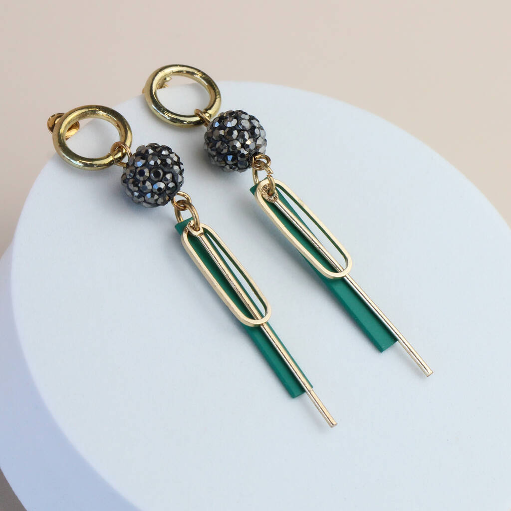 Gold And Green Geometric Dangle Stud Earrings, 1 of 3