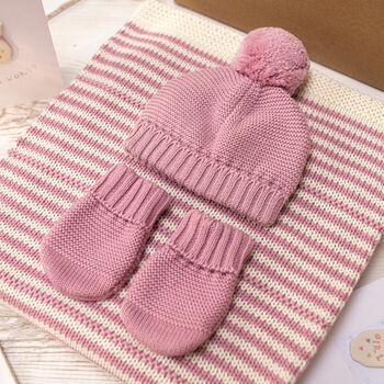 Baby Girl Personalised Bobble Hat And Mittens Gift Set, 4 of 12