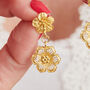 Gold Plated Filigree Double Drop Flower Stud Earrings, thumbnail 4 of 8