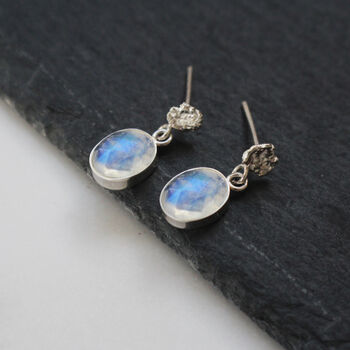 Organic Coin And Moonstone Earrings 9ct Gold Or Silver, 2 of 3