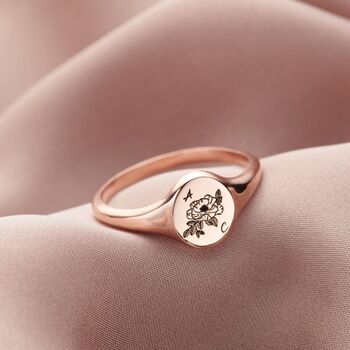 Engraved Birth Flower Initials Signet Ring, 7 of 12