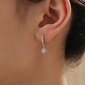 Sterling Silver Cz Starburst Huggie Hoop Earrings, 7 of 12