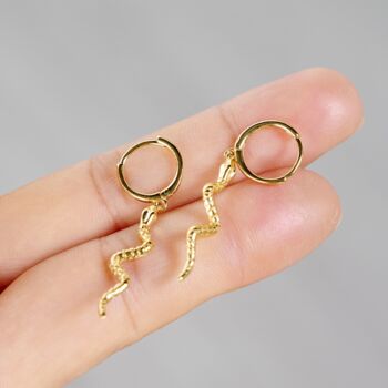 Snake Huggie Hoop Earrings In Gold, 4 of 8