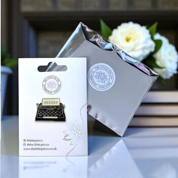 Black Vintage Typewriter Writer's Enamel Lapel Pin Badge, Gift For Writers And Bloggers, 2 of 8