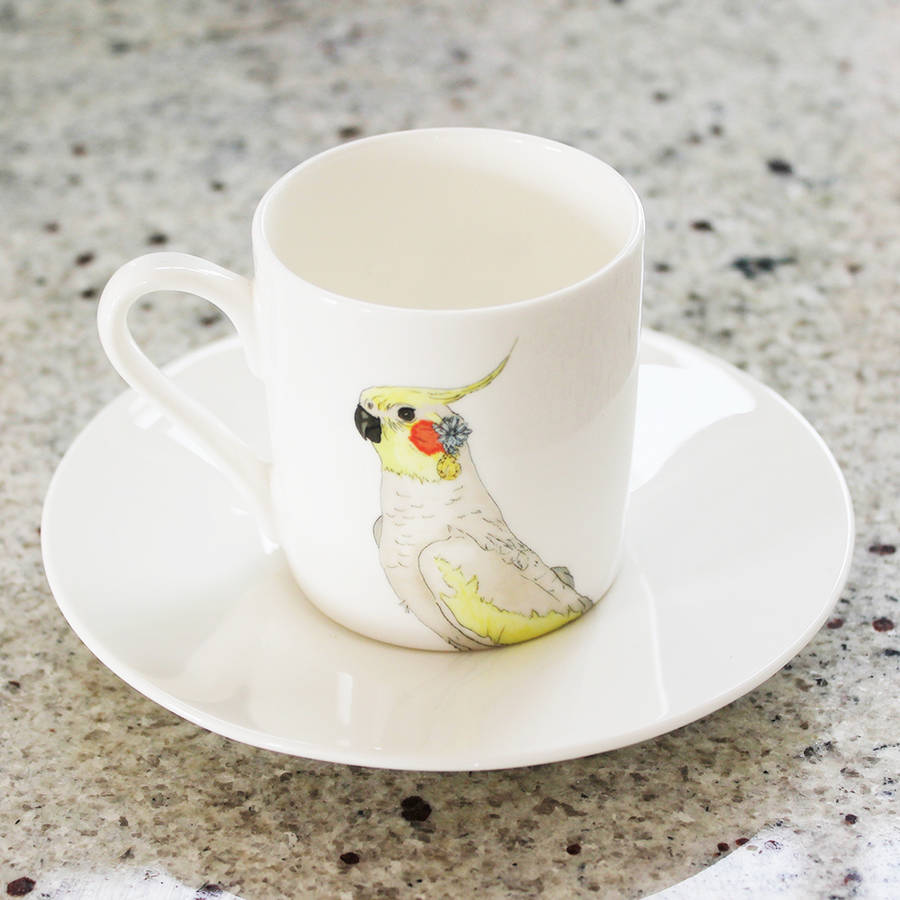 A Blue Dotty Espresso Cup Saucer By Ellies Cups - Cockatiel Print Illustrated Espresso Cup And Saucer Cups Saucers a blue dotty espresso cup saucer by ellies cups - cockatiel print illustrated espresso cup and saucer cups saucers