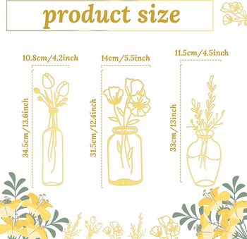 Three Pieces Gold Metal Vase Art Flower Wall Décor, 7 of 7