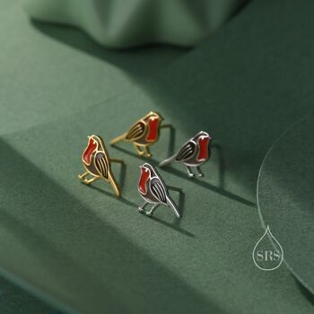 Enamel Robin Bird Stud Earrings In Sterling Silver, 3 of 12