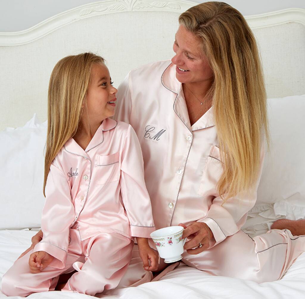 Mum And Daughter Personalised Pink Silky Pyjama Set, 1 of 3