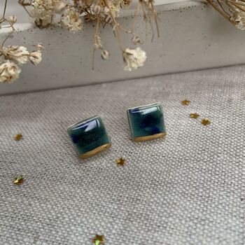 Green Blue Gold Detail Crackle Glaze Square Studs, 6 of 10