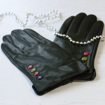 Black Leather Lined Gloves With Button Detail, 6 of 10