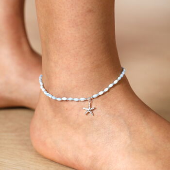 Stainless Steel Blue Beaded Starfish Charm Anklet In Silver Plating, 3 of 4