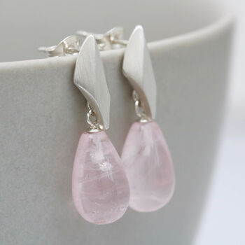 Silver Deco Dropper Earrings With Rose Quartz, 6 of 8