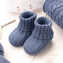 Toffee Moon Storm Blue Knitted Baby Booties, thumbnail 1 of 12