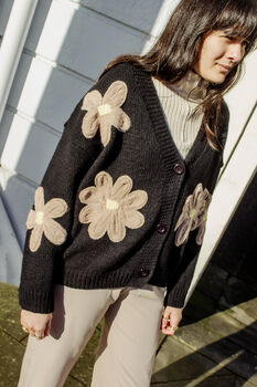 Black Crochet Applique Brown Floral Cardigan, 2 of 10