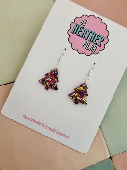 Purple And Gold Christmas Tree Glitter Earrings / Stocking Filler / Santa Present, 10 of 10