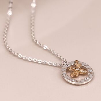 Silver Plated Hammered Hoop And Golden Bee Necklace, 2 of 3