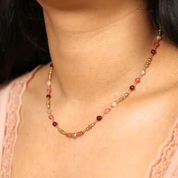 Semi Precious Pink Stone And Heart Beaded Necklace In Gold Plating, 3 of 6